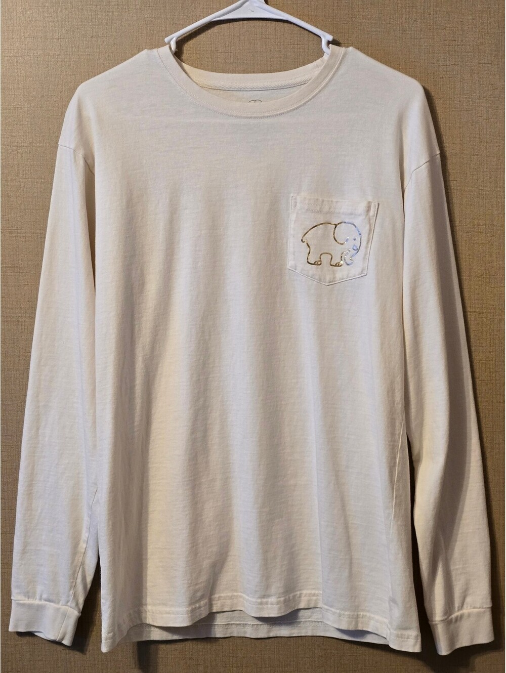 Ivory Ella Cream Long Sleeve Gold Foil Elephant Pocket Shirt Medium